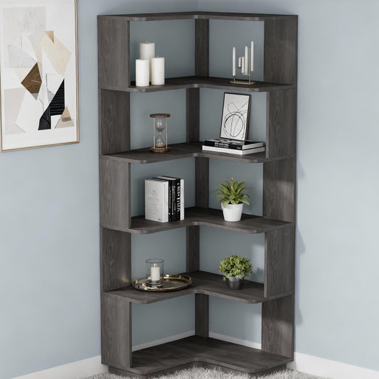 Emootto 6-Tier Modern Corner Bookshelf, 65" Tall L-Shaped Corner Bookcase with Anti-Drop Side Panels, Grey Wood Grain Display Shelf & Storage Organizer for Living Room, Home Office