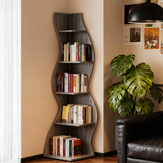 Emootto 70" Tall Wavy Corner Shelf, Modern 5-Tier Curvy Bookshelf in Grey Wood Grain, Unique Aesthetic Display Rack & Plant Stand for Living Room, Small Spaces
