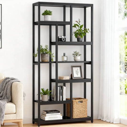 Emootto 79" Extra Tall Modern Bookshelf, 7-Tier All-Black Etagere Bookcase with 10 Staggered Open Shelves, Massive Display Rack & Room Divider for Home Office