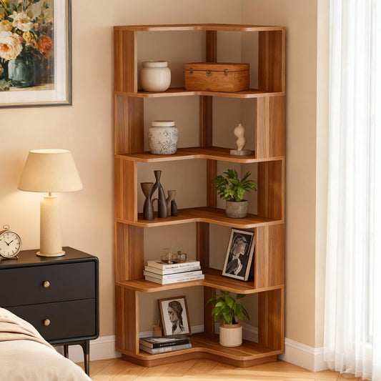 Emoottoo 65" Tall 6-Tier Modern Corner Bookshelf, L-Shaped Storage Organizer with Anti-Drop Panels, Freestanding Natural Wood Grain Display Rack for Home Office & Living Room