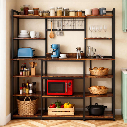 Emootto 55" Large Bakers Rack - Industrial Kitchen Hutch Cabinet with 11 Hooks, 5-Tier Microwave Stand & Storage Shelf for Coffee Bar & Pantry
