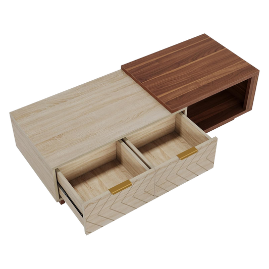 Extendable Coffee Table with 2 Storage Drawers, Dual-Tone Center Table with Sliding Tabletop, Multi-Functional Hidden