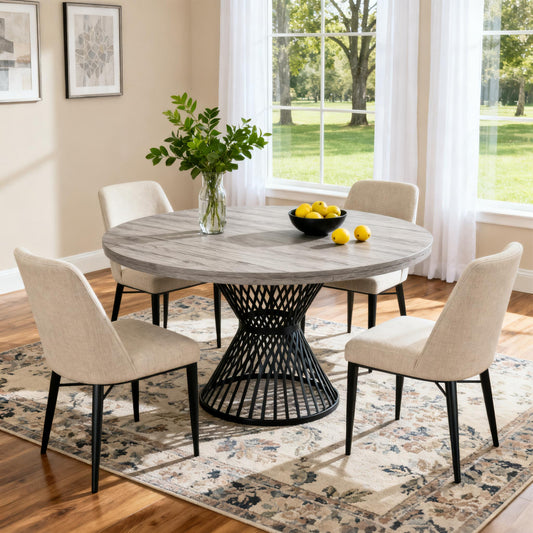 Emootto 47" Round Dining Table for 4-6, Modern Kitchen Table with Walnut Wood Grain & Unique Metal Circle Base, Large Industrial Dinner Table for Small Spaces