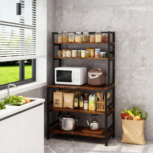 Emootto 32" Kitchen Bakers Rack with Hutch - 5-Tier Industrial Microwave Stand & Utility Storage Shelf, Rustic Brown Coffee Bar Station