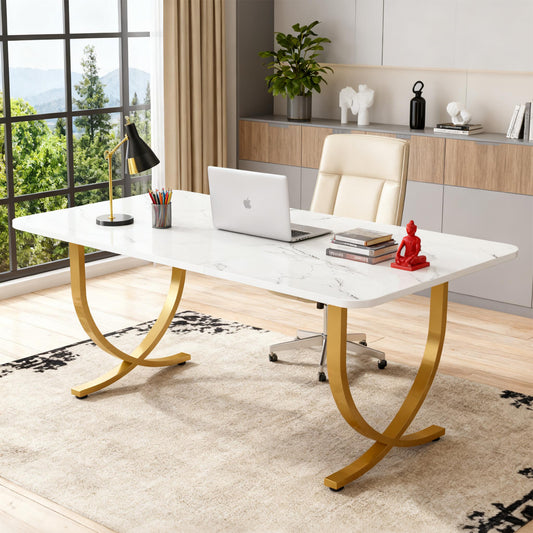 Emootto 63" Executive Desk - Faux Marble & Gold Modern Computer Desk, Large Conference Table for Home Office
