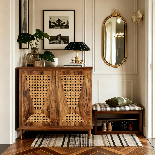 Emootto 43" Boho Rattan Shoe Storage Cabinet, 6-Tier Entryway Organizer with Hourglass Rattan Doors, Distressed Wood Shoe Rack with Adjustable Shelves