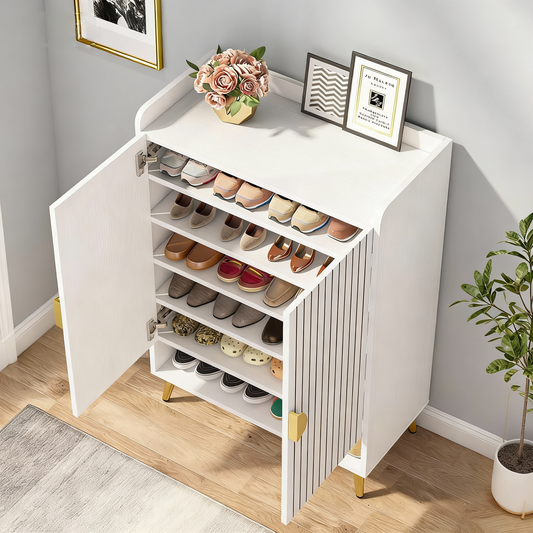 Emootto 7-Tier Shoe Cabinet with Vertical Fluted Doors, 24-Pair Modern Entryway Storage Organizer with Gold Tapered Legs & Open Shelf, White & Gold