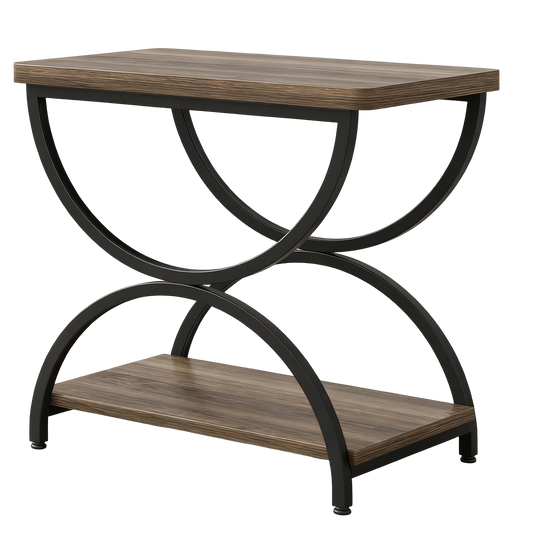 2-Tier End Side Table with Stylish Metal Frame, Vintage Rectangular Bedside Nightstand