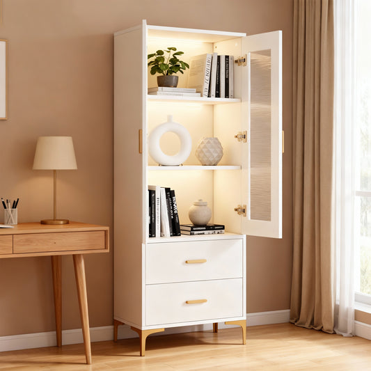 Emootto 65" Modern White Bookcase with RGB LED Lights & 2 Drawers, Tall Storage Cabinet with Fluted Glass Doors and Gold Legs, 3-Tier Display Shelf for Living Room, Office