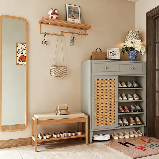 Emootto 44" Mint Green Shoe Storage Cabinet with Rattan Doors and Drawer, Modern 5-Tier Entryway Organizer with Adjustable Shelves & Gold Hardware