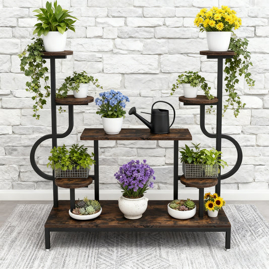 Emootto 50" Tall 8-Tier Large Metal Plant Stand, Multi-Level Indoor Plant Shelf with Round & Square Boards, Heavy-Duty Wood Flower Rack for Living Room, Balcony & Patio, Rustic Brown