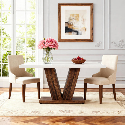 Emootto 47" Rectangular Dining Table for 4, White & Oak Kitchen Table with Heavy-Duty Triangular Pedestal, Modern Farmhouse Dinner Table for Small Spaces