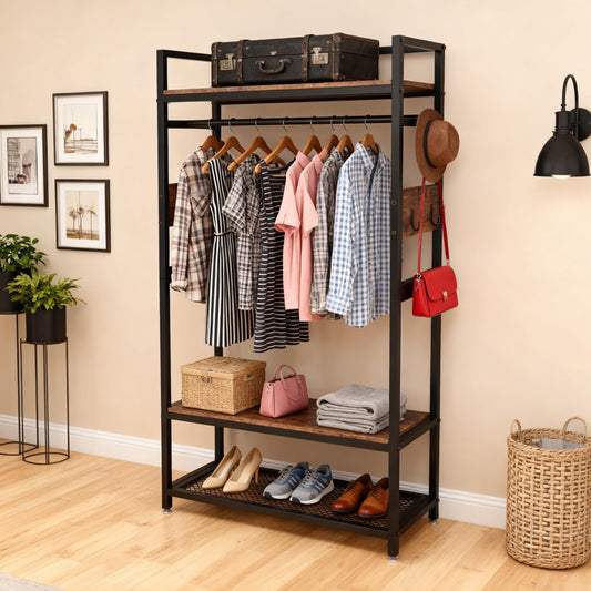 Emootto 69" Industrial Hall Tree with Hanging Rod & 4 Hooks, Compact Heavy Duty Garment Rack with 3-Tier Storage Shelves for Small Spaces, Rustic Brown