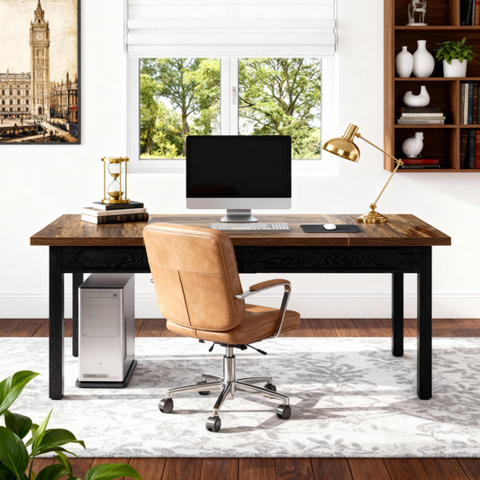 Emootto 63" Executive Desk with Heavy-Duty 4.7" Apron, Large Modern Computer Desk for Home Office, Rustic Brown & Black Conference Table, 300 lbs Capacity
