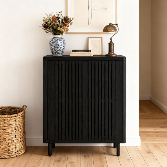 Emootto 43" Modern Black Shoe Storage Cabinet with Louvered Doors, 6-Tier Large Entryway Shoe Organizer with Adjustable Shelves & Metal Legs