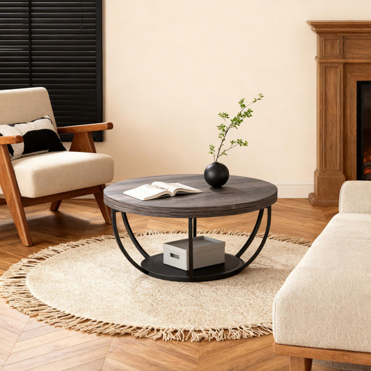 Emoottoo Round Coffee Table, 31.7" Wooden 2-Tier Circle Coffee Table with Storage Shelves, Modern Accent Cocktail Table Center Table for Living Room