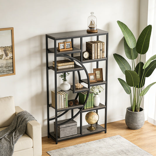 Emootto 69" Industrial Half-Moon Bookshelf, 5-Tier Etagere Bookcase with 9 Open Shelves, Large Grey Wood Grain Display Rack & Room Divider for Living Room, Home Office