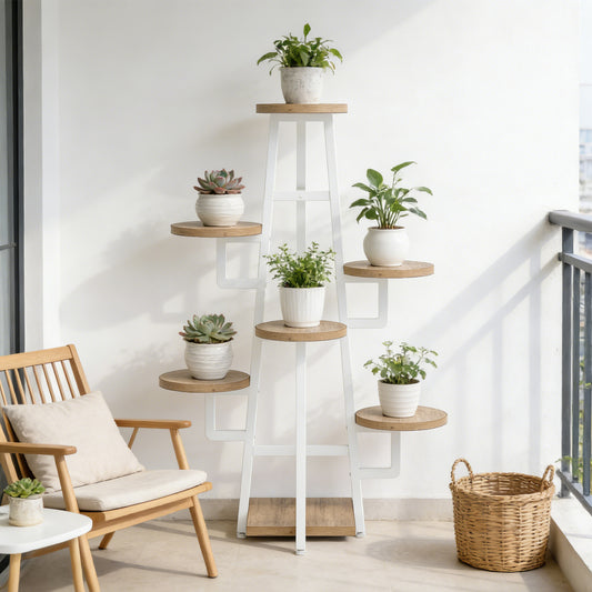 Emootto 43" Tall Plant Stand Indoor, 7-Tier Tiered Plant Shelf for Multiple Plants, Modern Wood & Metal Flower Pot Holder for Living Room, Balcony & Corner, White & Beige Brown