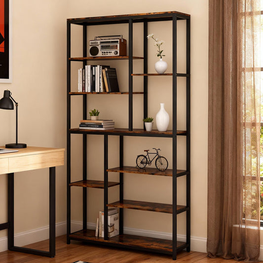 Emootto 79" Extra Tall Industrial Bookshelf, 8-Tier Staggered Etagere Bookcase with 400lb Max Capacity, Heavy-Duty Display Rack & Room Divider, Rustic Brown