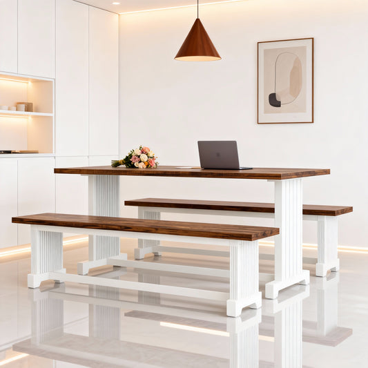 Emootto 47" Space-Saving Dining Table Set with 2 Benches, 3-Piece Modern Farmhouse Kitchen Set for 2-4, Rustic Brown & White Table with Fluted Pedestal Base