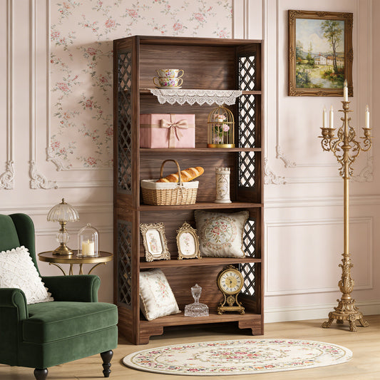 Emoottoo 71" Tall 6-Tier Vintage Bookshelf, Mid-Century Modern Display Rack with Lattice Side Panels, Large Capacity Executive Storage Bookcase for Home Office & Living Room, Walnut Brown