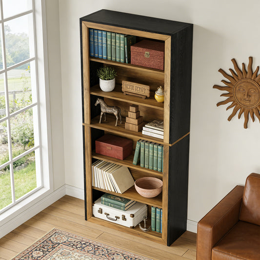 Emootto 74.4" Tall Bookcase, 7-Tier Modern Industrial Open Display Shelf with Vintage Brown Wood Grain, Heavy-Duty Wood Bookshelf for Living Room & Home Office
