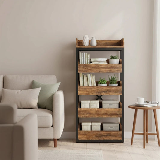 Emootto 46" Tall Wood Fruit and Vegetable Storage Rack, 5-Tier Pull-Out Snack Stand with 5 Storage Bins, Industrial Utility Organizer for Kitchen, Living Room & Pantry, Rustic Brown