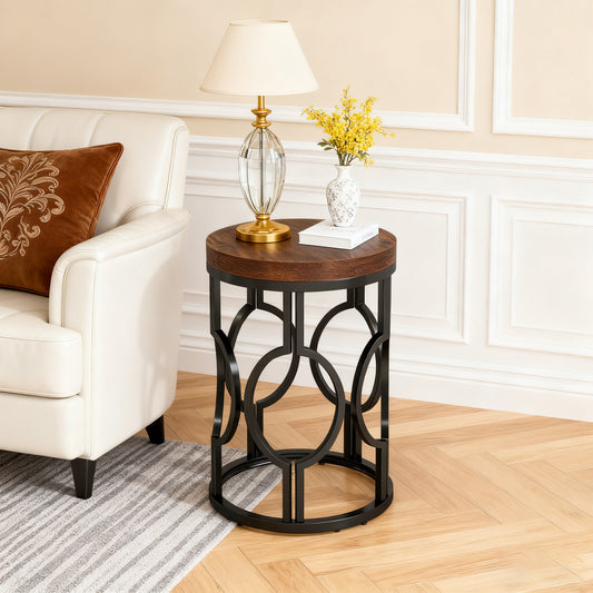 Emoottoo Round End Table, Industrial SideTable with Metal Hollow Frame, Small Bedside Table Nightstand for Living Room, Bedroom, Easy Assembly