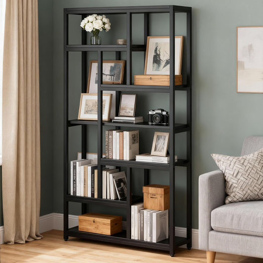 Emoottoo 79" Extra Tall Industrial Etagere Bookshelf, 7-Tier Black Bookcase with 10 Open Shelves for Home Office