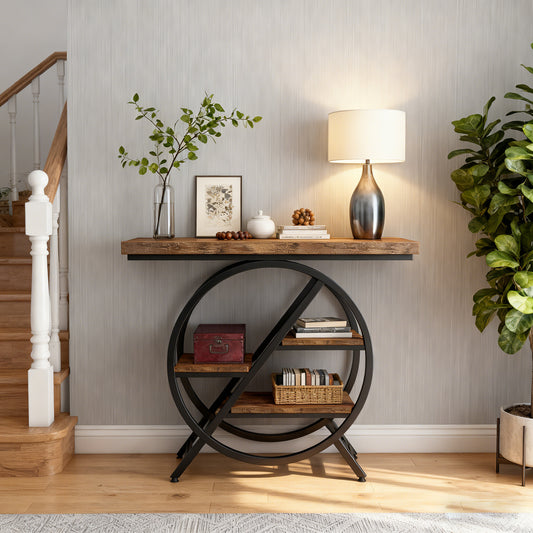 Emoottoo Console Table, 40-Inch Entryway Table with Storage Shelves, 4-Tier Industrial Hallway Sofa Table with Geometric Metal Frame, Accent Table for Living Room, Entryway, Rustic Brown