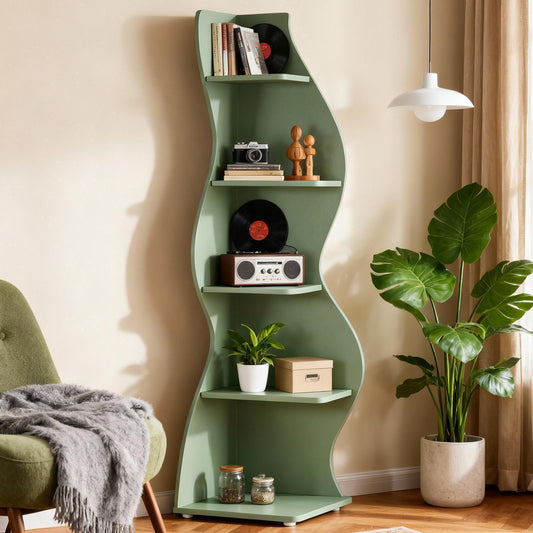 Emootto 70" Tall Wavy Corner Shelf, Modern 5-Tier Curvy Bookshelf in Sage Green, Unique Aesthetic Display Rack & Plant Stand for Living Room, Small Spaces