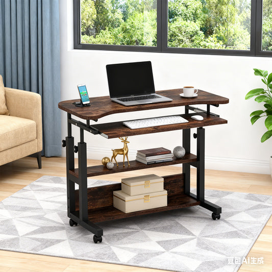 Emoottoo Portable Desk with Power Outlets, Height Adjustable Side Table Sofa Couch Bedside Laptop Computer Cart with USB Charging Ports, Mobile Small Standing Desk with Keyboard Tray