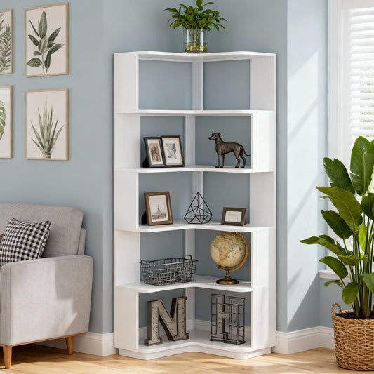 Emootto 6-Tier Modern White Corner Bookshelf, 65" Tall L-Shaped Corner Bookcase with Anti-Drop Baffles, Space-Saving Storage Shelving Unit for Home Office & Living Room
