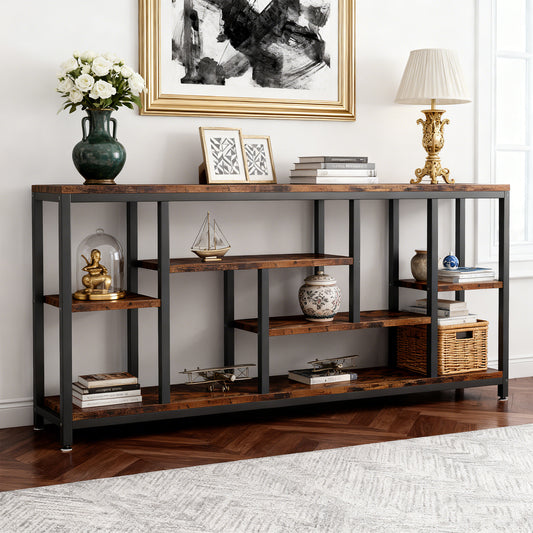 Emoottoo Console Sofa Table, 70.9 inch Extra Long Table Behind Couch with Storage Shelves, 3-Tier Industrial Narrow Entryway Hallway Accent Table for Living Room, Rustic Brown