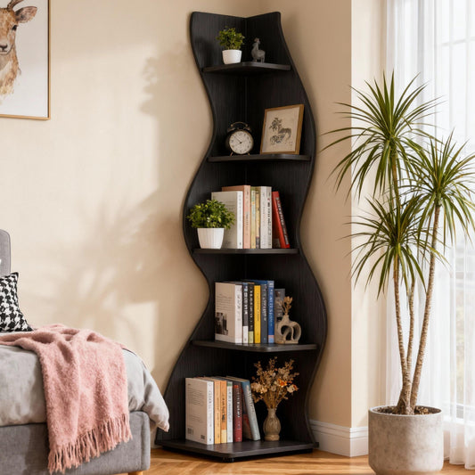 Emootto 70" Tall Wavy Corner Shelf, Modern 5-Tier Curvy Bookshelf in Black Wood Grain, Unique Aesthetic Display Rack & Plant Stand for Living Room, Home Office