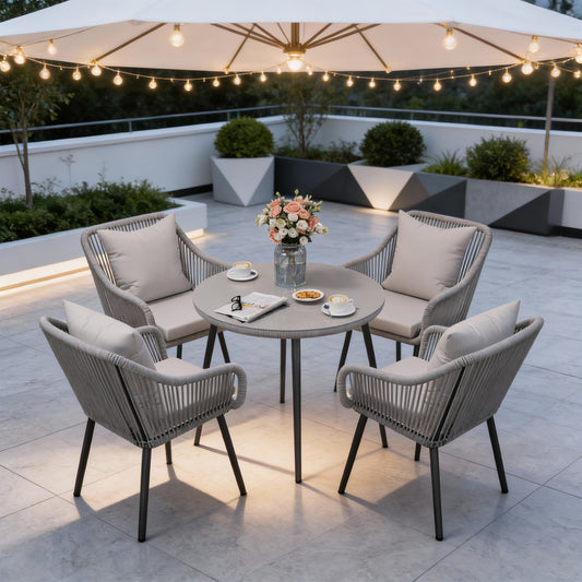 Emootto 5-Piece Outdoor Patio Dining Set, Modern Twisted Rattan Furniture Set with 4 Armchairs & Round Tempered Glass Table with Umbrella Hole, All-Weather Grey Dining Set for Garden & Backyard
