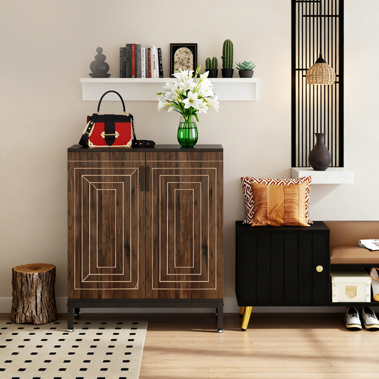 Emootto Modern 5-Tier Shoe Cabinet with Geometric Carved Doors, Industrial 20-Pair Entryway Storage Organizer for Living Room & Bedroom (Rustic Brown & Black)
