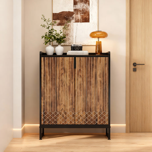 Emootto 6-Tier Shoe Cabinet with Doors, Modern Industrial Black & Brown Shoe Storage Organizer for Entryway, Large Capacity Wooden Shoe Rack for 22-25 Pairs