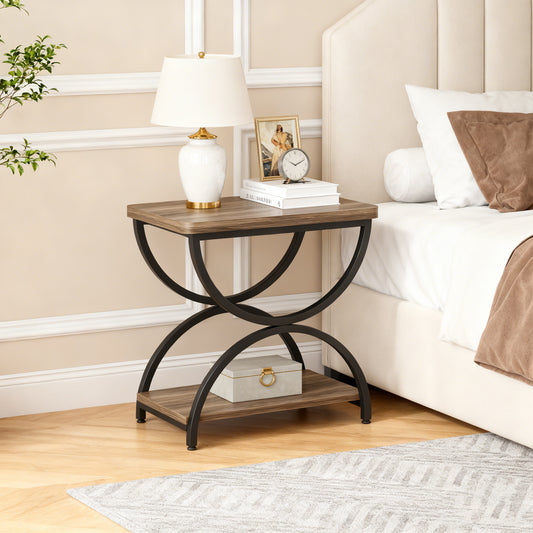 Emoottoo 2-Tier End Side Table with Stylish Metal Frame, Vintage Rectangular Bedside Nightstand for Bedroom, Wood and Metal Chair Side Tables Living Room (1, Grey+Black)