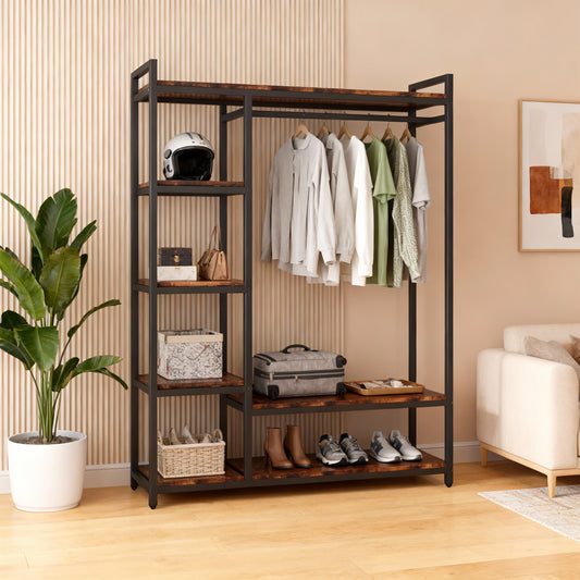 Emootto 71" Freestanding Closet Organizer with 6-Tier Storage Shelves & Heavy-Duty Hanging Rod, Large Garment Rack for Bedroom & Entryway, Rustic Brown