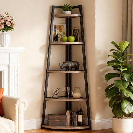 Emootto 70" Tall Modern Grey Corner Ladder Shelf, 5-Tier Industrial Corner Bookshelf with Black Metal Frame, Space-Saving Display Rack & Plant Stand for Living Room, Home Office