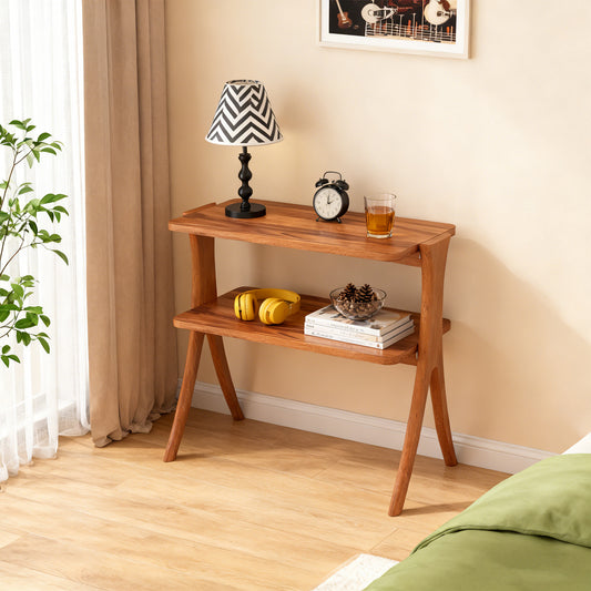 Emoottoo Walnut Side Table for Living Room, Narrow End Table with 2-Tier Storage Shelf and Solid Wood Legs, Slim Modern Bedside Table Nightstand for Bedroom, Small Spaces