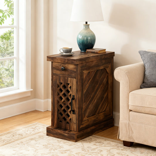Emoottoo End Table, Narrow Side Table with Drawer and Cabinet, Farmhouse Nightstand End Table for Small Space, Living Room, Bedroom, Rustic Brown