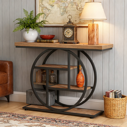 Emoottoo 41.3" Console Table, Industrial 4-Tier Sofa Table Entryway Table with Circle Base, Narrow Wood Accent Tables with Storage Shelves for Living Room, Hallway, Foyer,