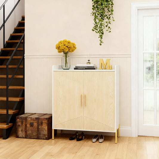 Emootto 6-Tier Large Shoe Cabinet with Fluted Carved Doors, 30-Pair Modern Entryway Storage Organizer with Adjustable Shelves & Gold Legs, White & Natural