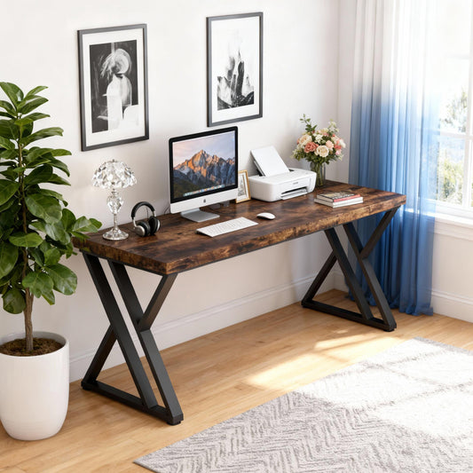 Emoottoo Writing Computer Desk, 55 inch Heavy Duty Study Desk with Z-Shaped Metal Leg, Modern Simple Home Office Computer Desk, Rustic Brown