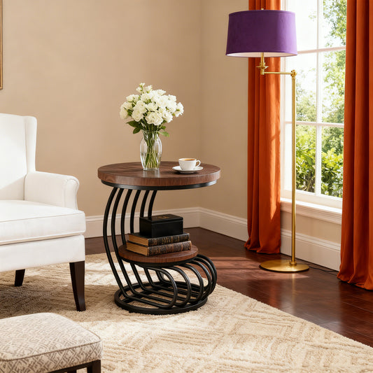 Emoottoo Round End Side Table: Side Table with 2 Tiers Storage Shelves, Vintage End Table for Living Room, Small Bedside Table Accent Table with Arc-Shaped Frame