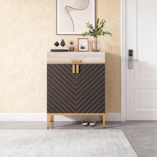 Emootto Modern 4-Tier Shoe Cabinet with Drawer, Large Entryway Storage Organizer with Chevron Carved Doors & Gold Legs, Industrial Grey & Gold