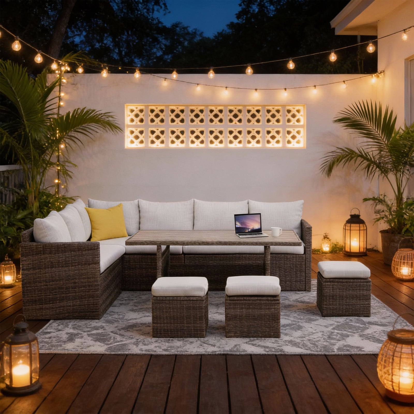 7-Piece Outdoor Rattan Sectional Dining Set, 9-Seat All-Weather Wicker Sofa