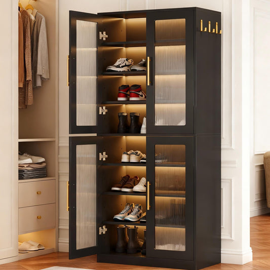Emootto 67" Tall Bookcase with RGB LED Lights & Fluted Glass Doors, 8-Tier Modern Storage Cabinet with Adjustable Shelves and Side Hooks, Black